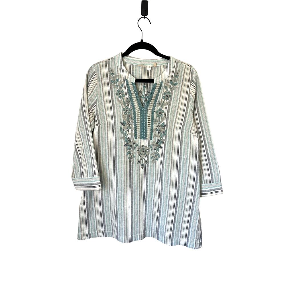 Soft Surroundings Striped Embroidered Tunic Embellished Light Green Beachy sz. S